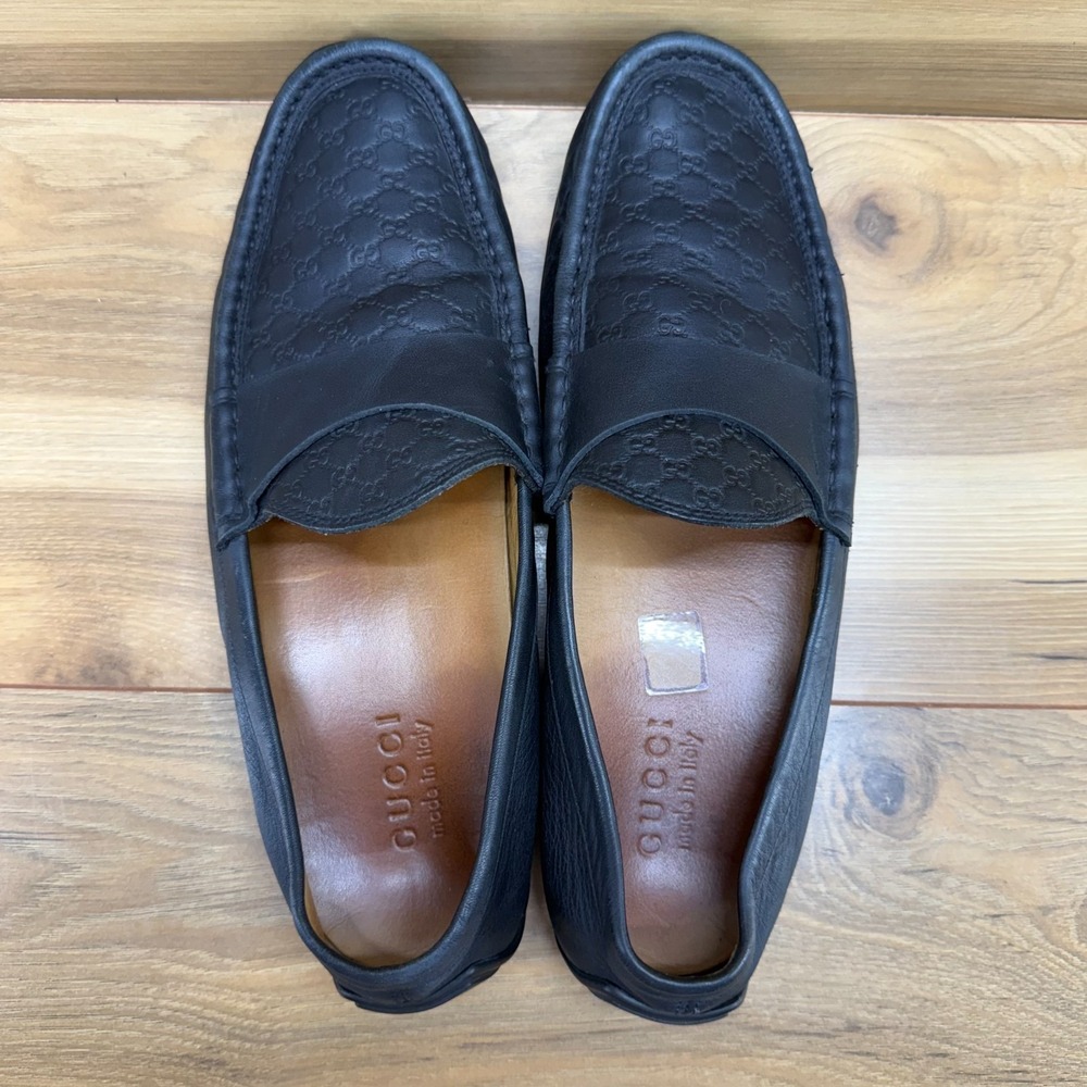 Gucci Micro Guccissima Driving Loafers Mens 8.5 Black Leather Penny Loafer Moc - Picture 8 of 11